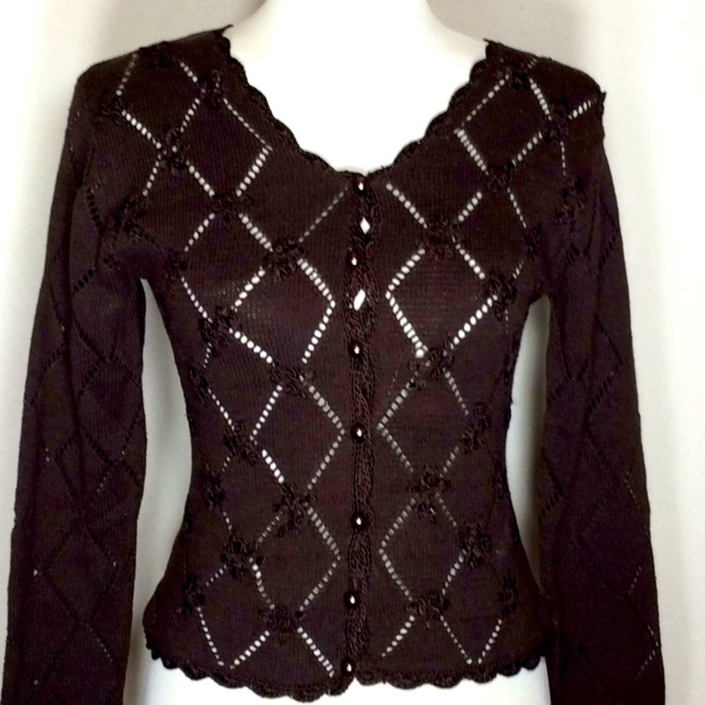 Brown Sweater w/Scalloped Trim & Pearl Buttons